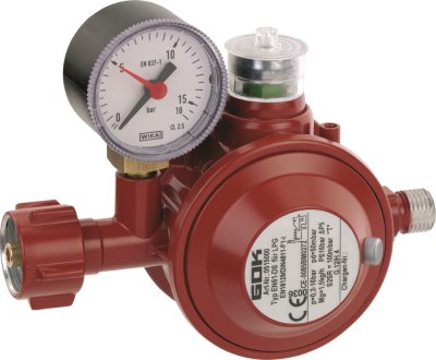 GOK Haushaltsregler "thermisch" 1,5 kg/h 50 mbar Kleinflaschenanschluss (5, 8 und 11 kg) x 1/4" links mit Überdrucksicherung und Manometer