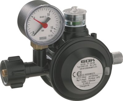 GOK Regler 1,5 kg/h 50 mbar KLF x 1/4" lks. ÜDS + Manometer schwarz