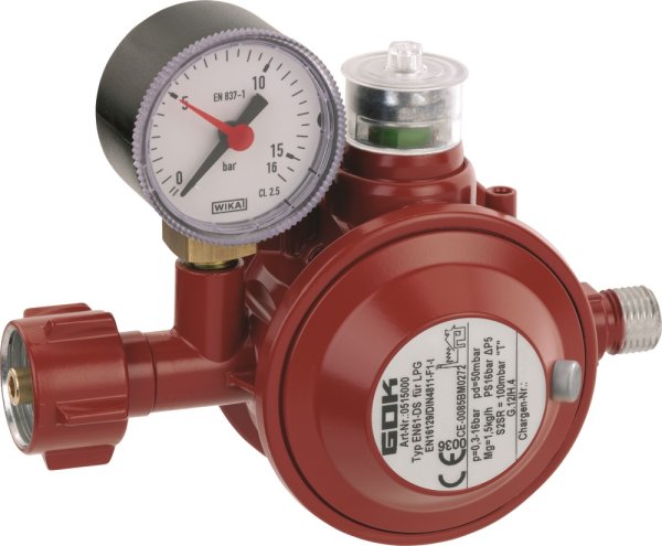 GOK Haushaltsregler "thermisch" 1,5 kg/h 50 mbar Kleinflaschenanschluss (5, 8 und 11 kg) x 1/4" links mit Überdrucksicherung und Manometer
