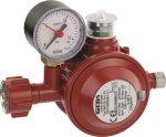 GOK Haushaltsregler "thermisch" 1,5 kg/h 50 mbar Kleinflaschenanschluss (5, 8 und 11 kg) x 1/4" links mit Überdrucksicherung und Manometer